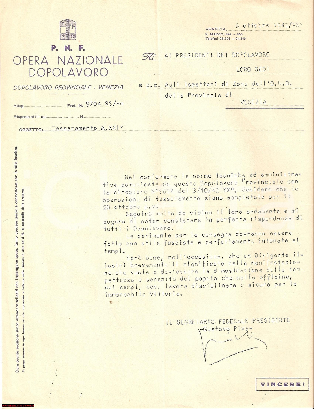 Documento originale, autentico 1942 OND VENEZIA Campagna tesseramento stile fascista 1
