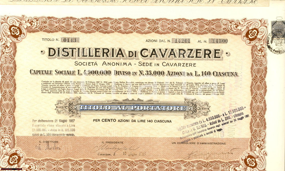 Documento originale, autentico 1926 CAVARZERE VE Azione DISTILLERIA DI CAVARZERE 1