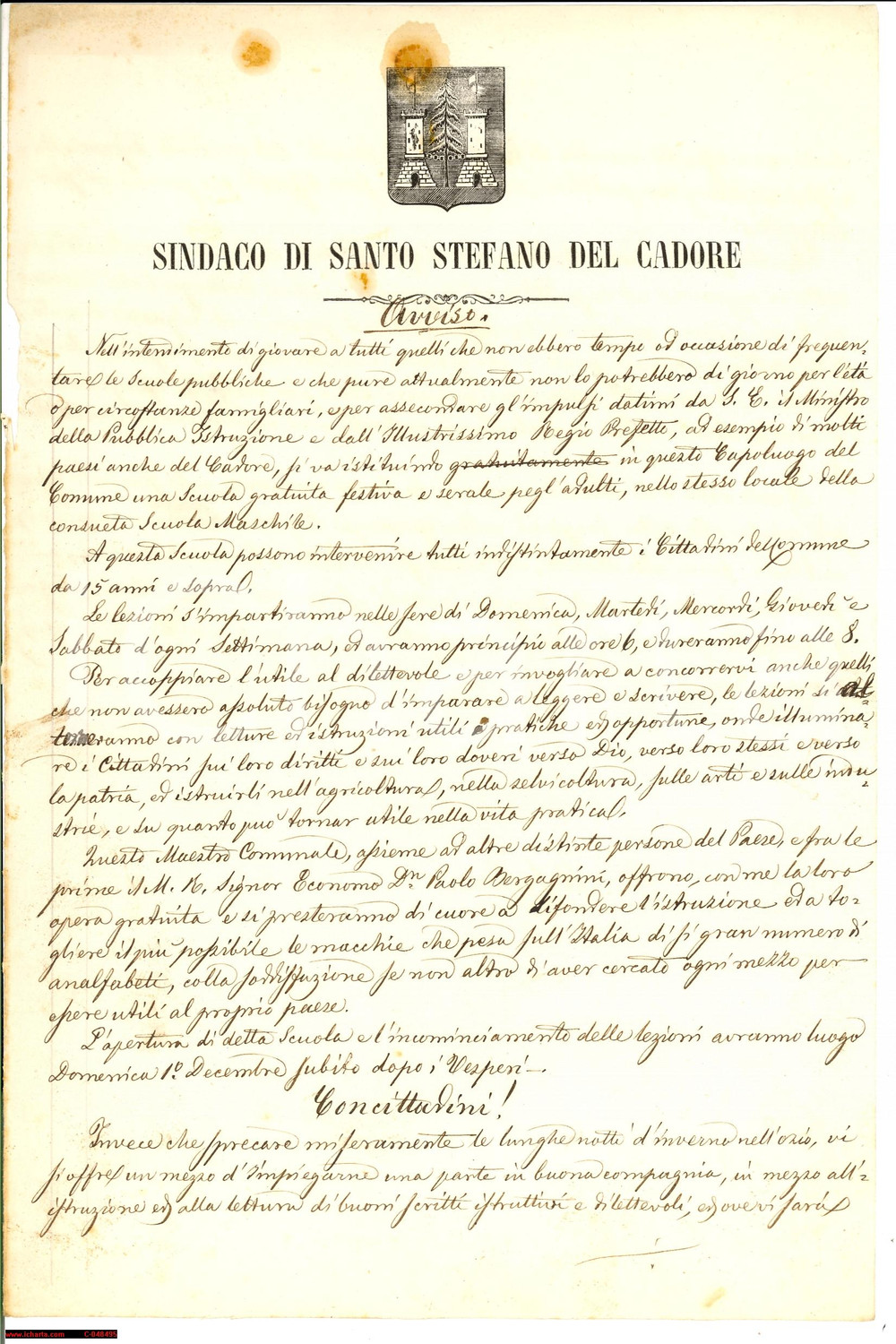 Documento originale, autentico 1880 ca S. STEFANO DI CADORE (BL) Scuola per gli adulti 1