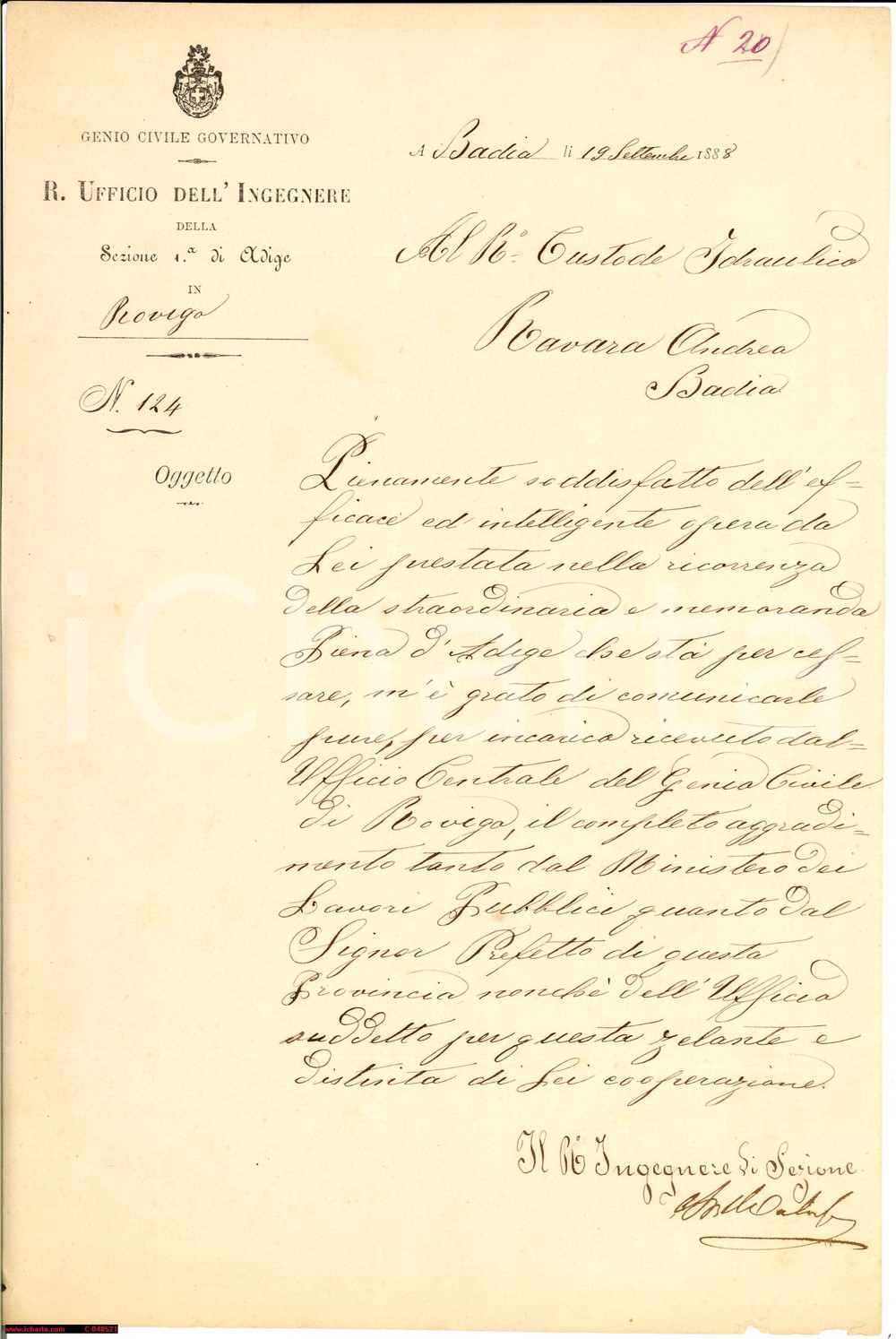Documento originale, autentico 1888 BADIA POLESINE (RO) Andrea RAVARA eroico custode 1