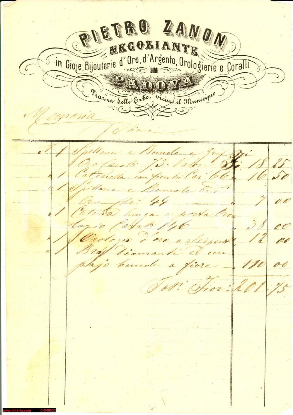 Documento originale, autentico 1880 PADOVA Pietro ZANON negoziante gioje e bijouterie 1
