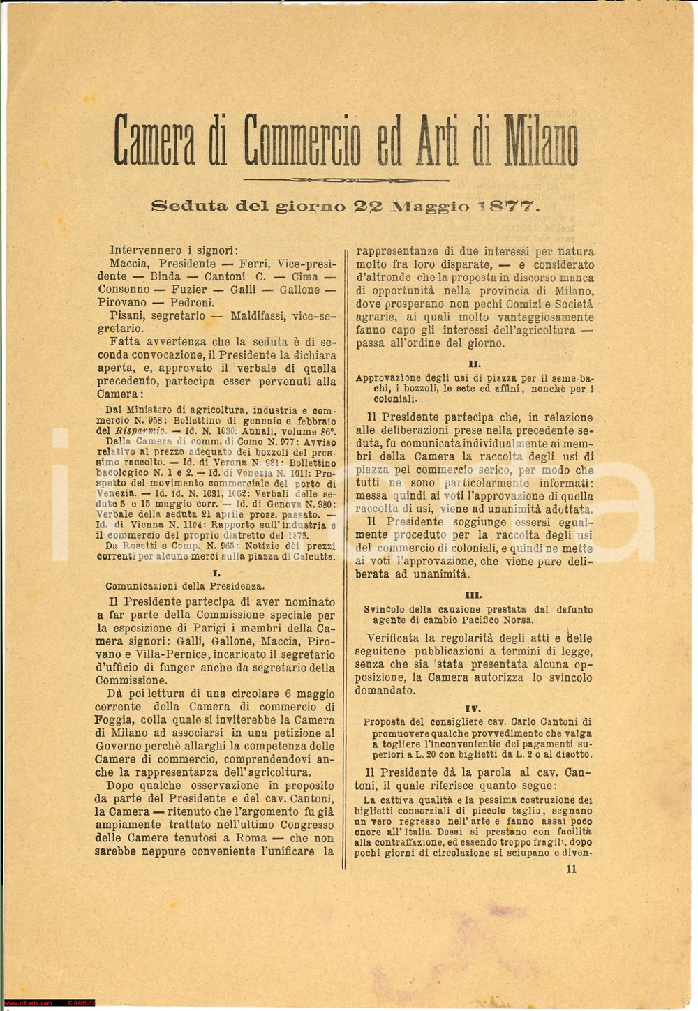 Documento originale, autentico 1877 MILANO Camera Commercio  Bachi da seta e monete 1