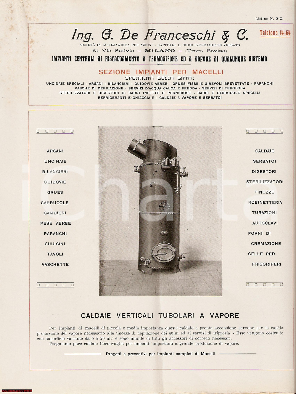 Materiale pubblicitario d’epoca 1930 MILANO Ing. DE FRANCESCHI Caldaie verticali tubolari a vapore *PubblicitÃ  1
