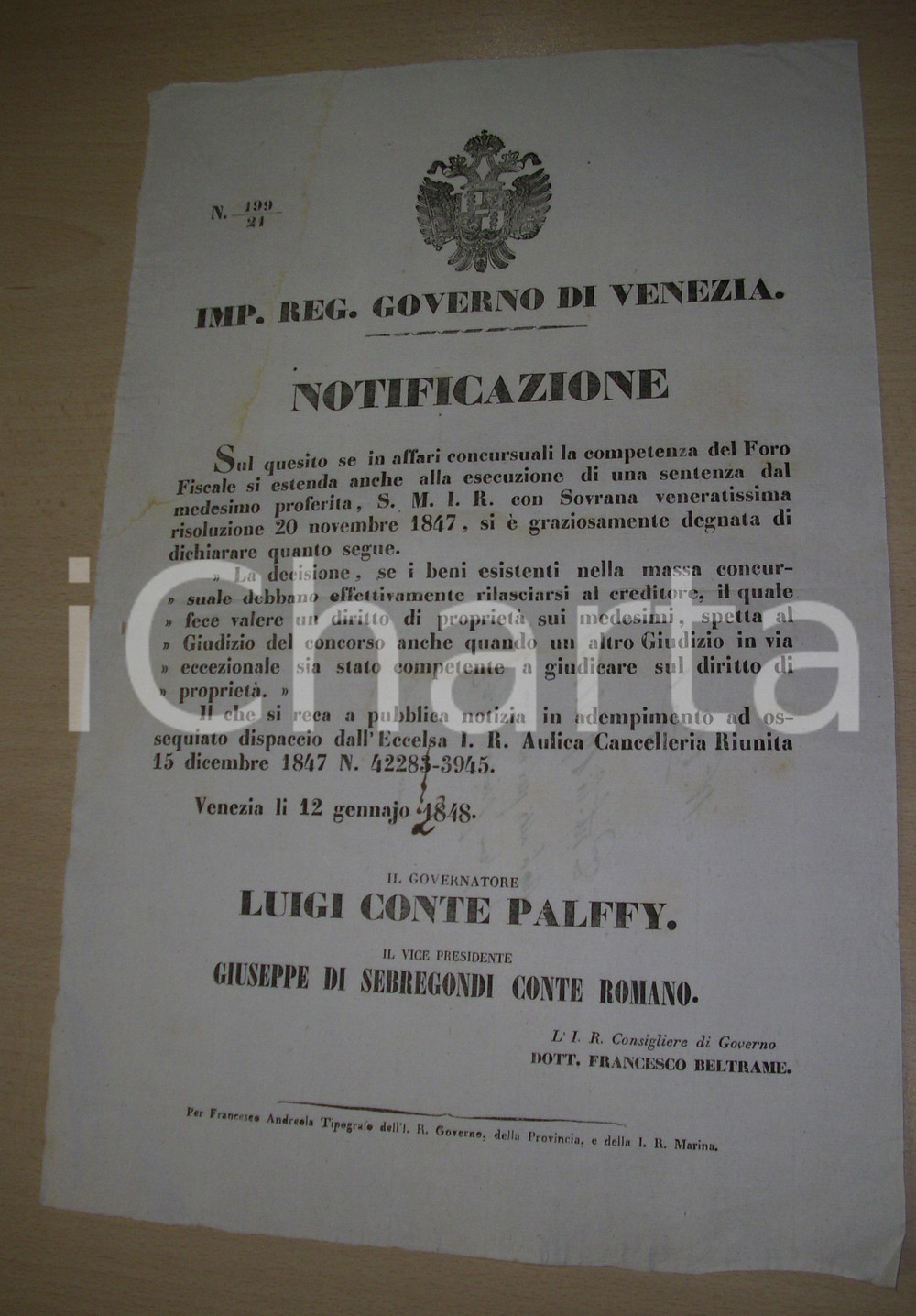 Documento originale, autentico 1848 IMP. REGIO GOVERNO VENEZIA Sentenze Foro Fiscale 1