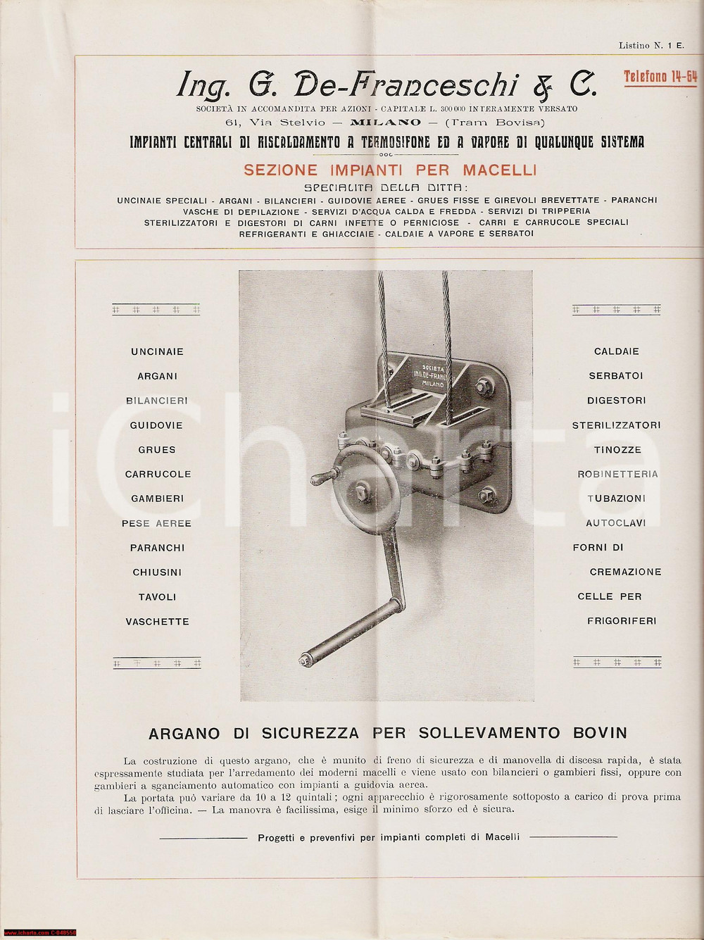 Materiale pubblicitario d’epoca 1930 MILANO Ing. DE FRANCESCHI Argano solleva bovini 1