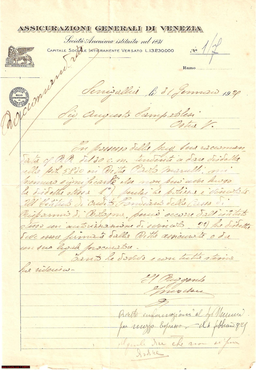 Documento originale, autentico 1929 SENIGALLIA AN ASSICURAZIONI GENERALI Disdetta Paolo MARULLI 1