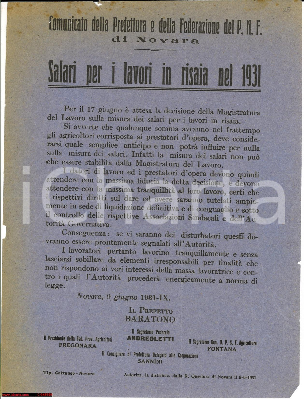 Documento originale, autentico 1931 PNF NOVARA Salari dei lavoratori delle risaie 1