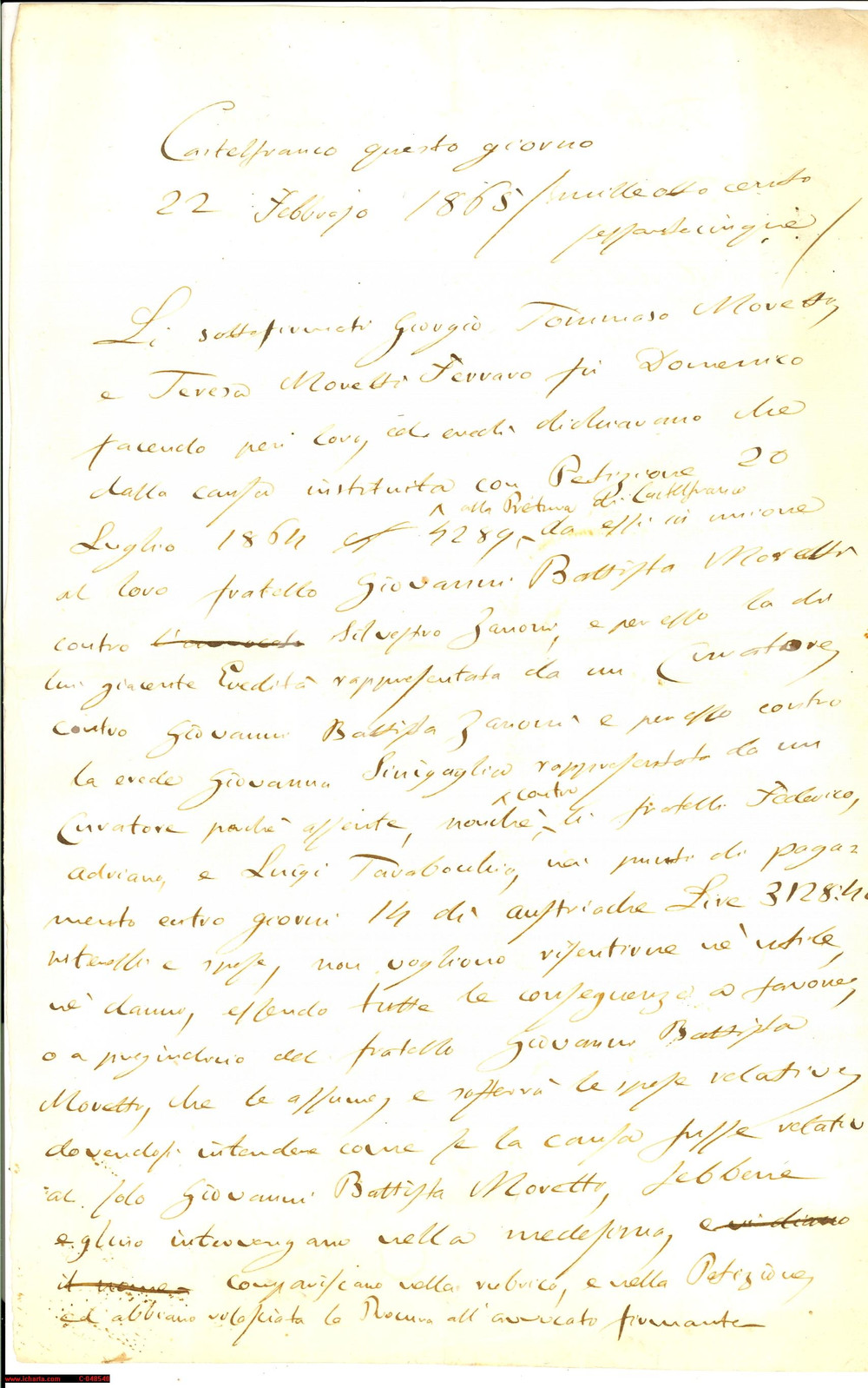 Documento originale, autentico 1865 CASTELFRANCO (TV) G. Battista MORETTI vs ZANONI 1