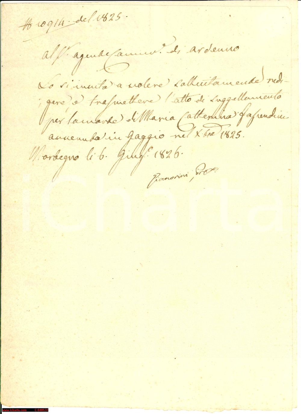 Documento originale, autentico 1826 MORBEGNO (SO) Morte di Maria Caterina FASCENDINI 1