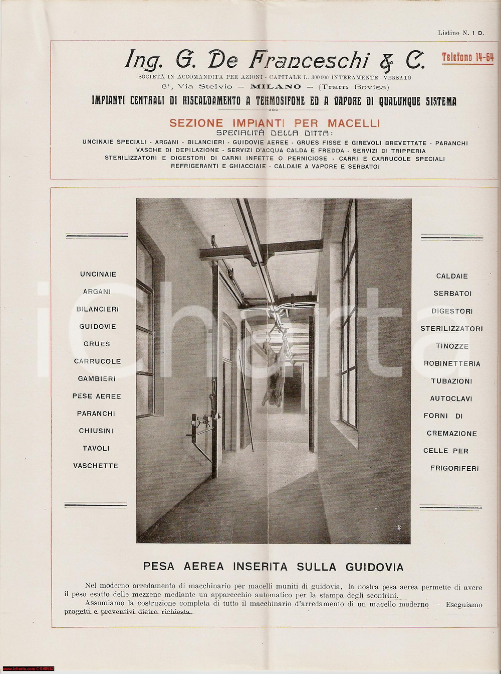 Materiale pubblicitario d’epoca 1930 ca MILANO Ing. DE FRANCESCHI Pesa aerea inserita sulla guidovia Pubblicità 1