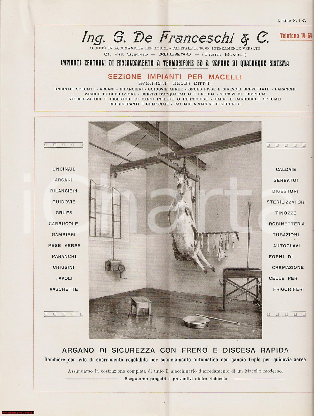 Materiale pubblicitario d’epoca 1930 ca MILANO Ing G. DE FRANCESCHI Macelli  Argano per bovini Volantino 1