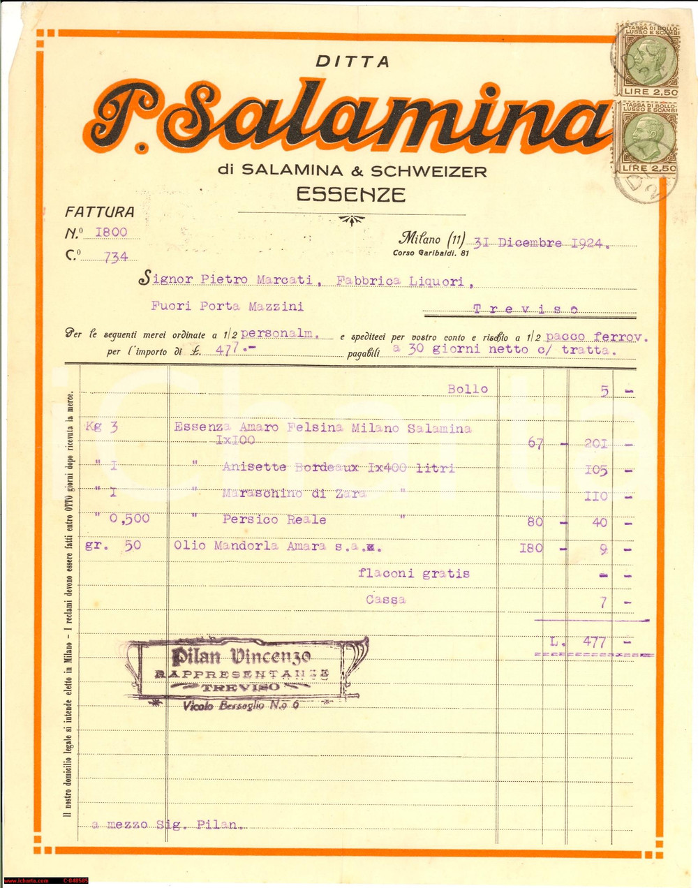 Documento originale, autentico 1924 MILANO Conto SALAMINA & SCHWEIZER Essenze 1