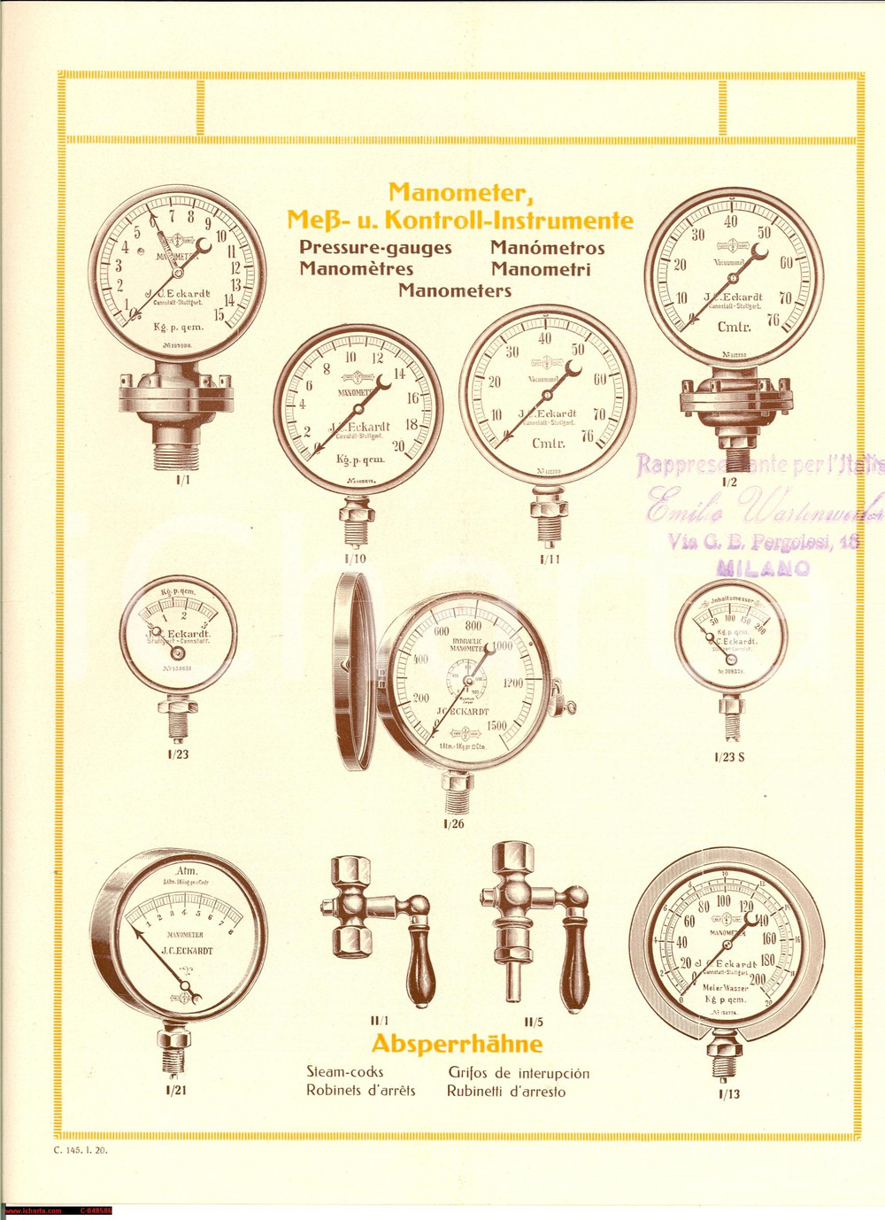 Materiale pubblicitario d’epoca 1930 ca J. C. ECKARDT Manometri e rubinetti d arresto 1