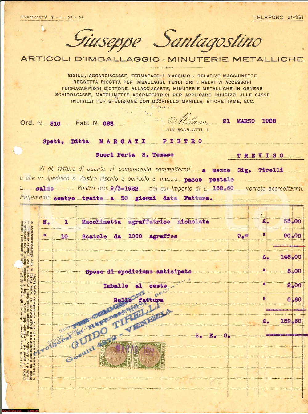 Documento originale, autentico 1922 MILANO Giuseppe SANTAGOSTINO Imballaggi minuterie 1