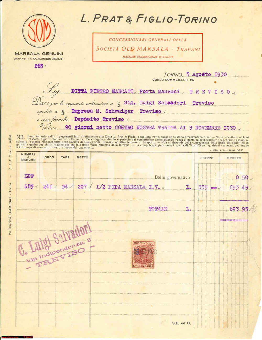 Documento originale, autentico 1930 TORINO L. PRAT & Figlio concessionari OLD MARSALA 1