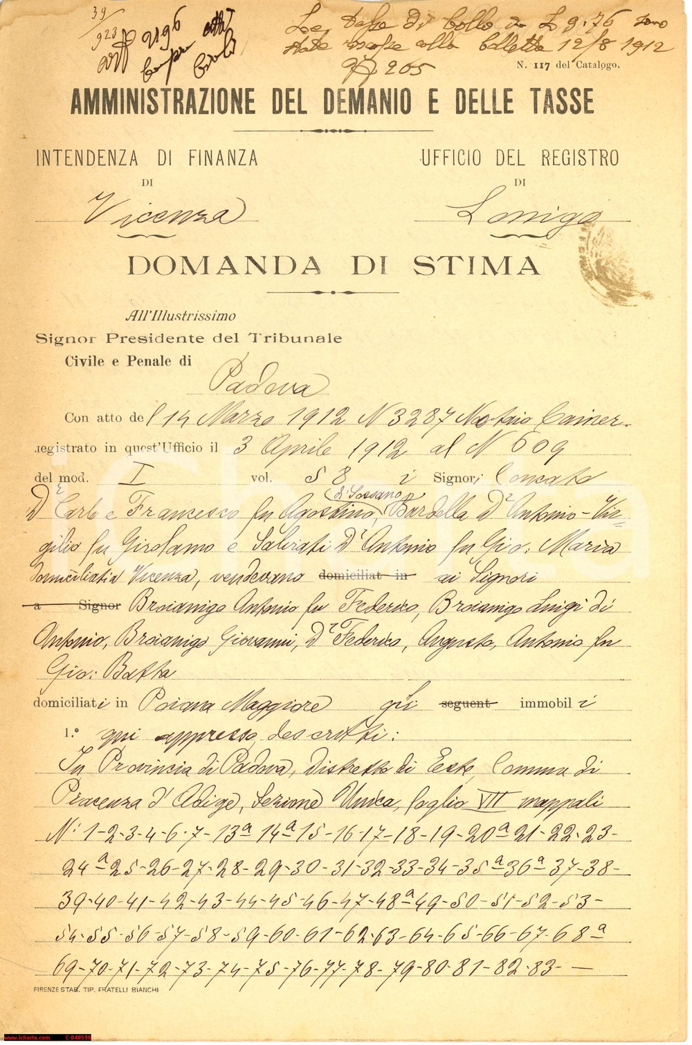 Documento originale, autentico 1912 PIACENZA D'ADIGE (PD) Stima immobili f.lli CONCATO 1