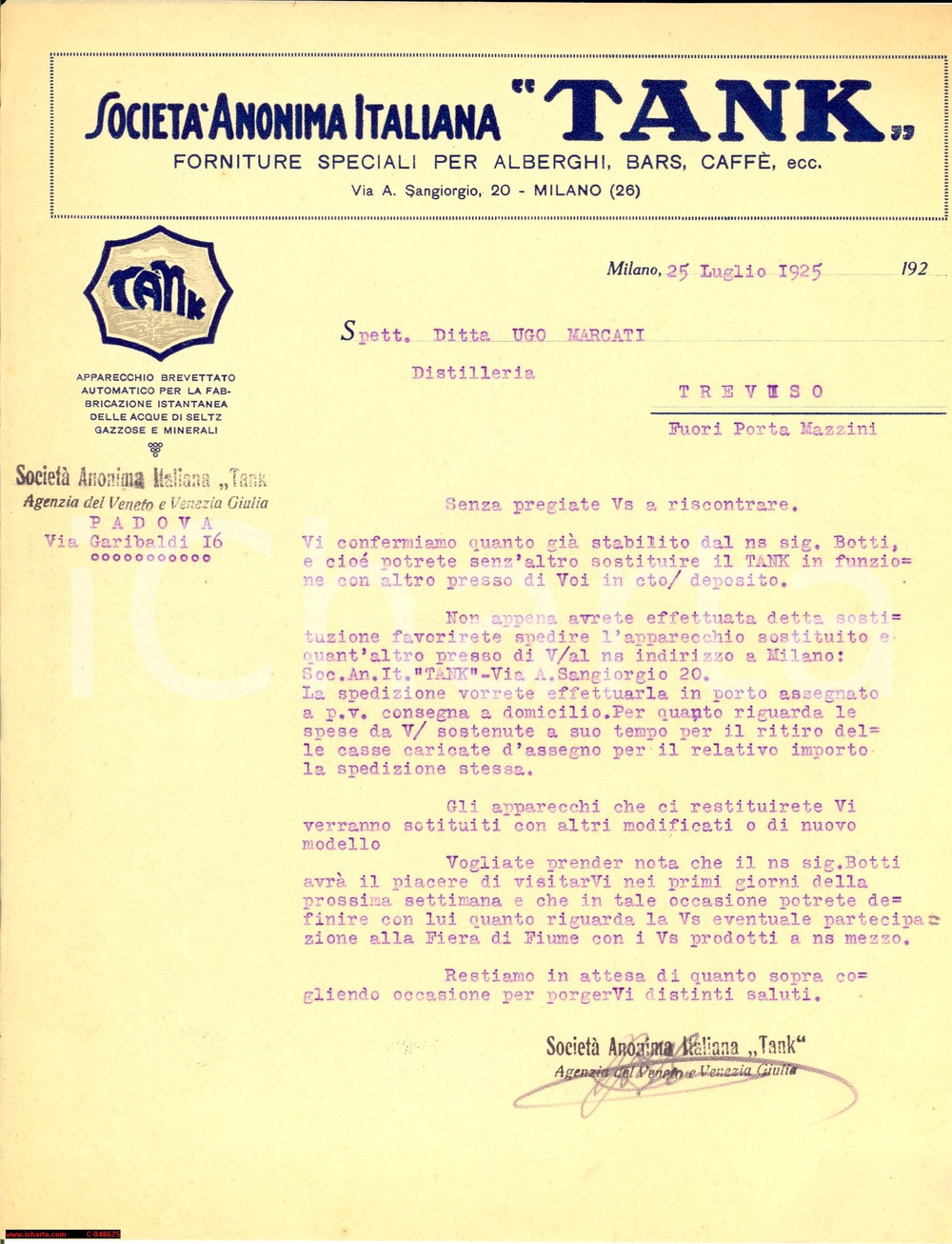 Documento originale, autentico 1925 MILANO Soc. Anonima TANK forniture per alberghi 1