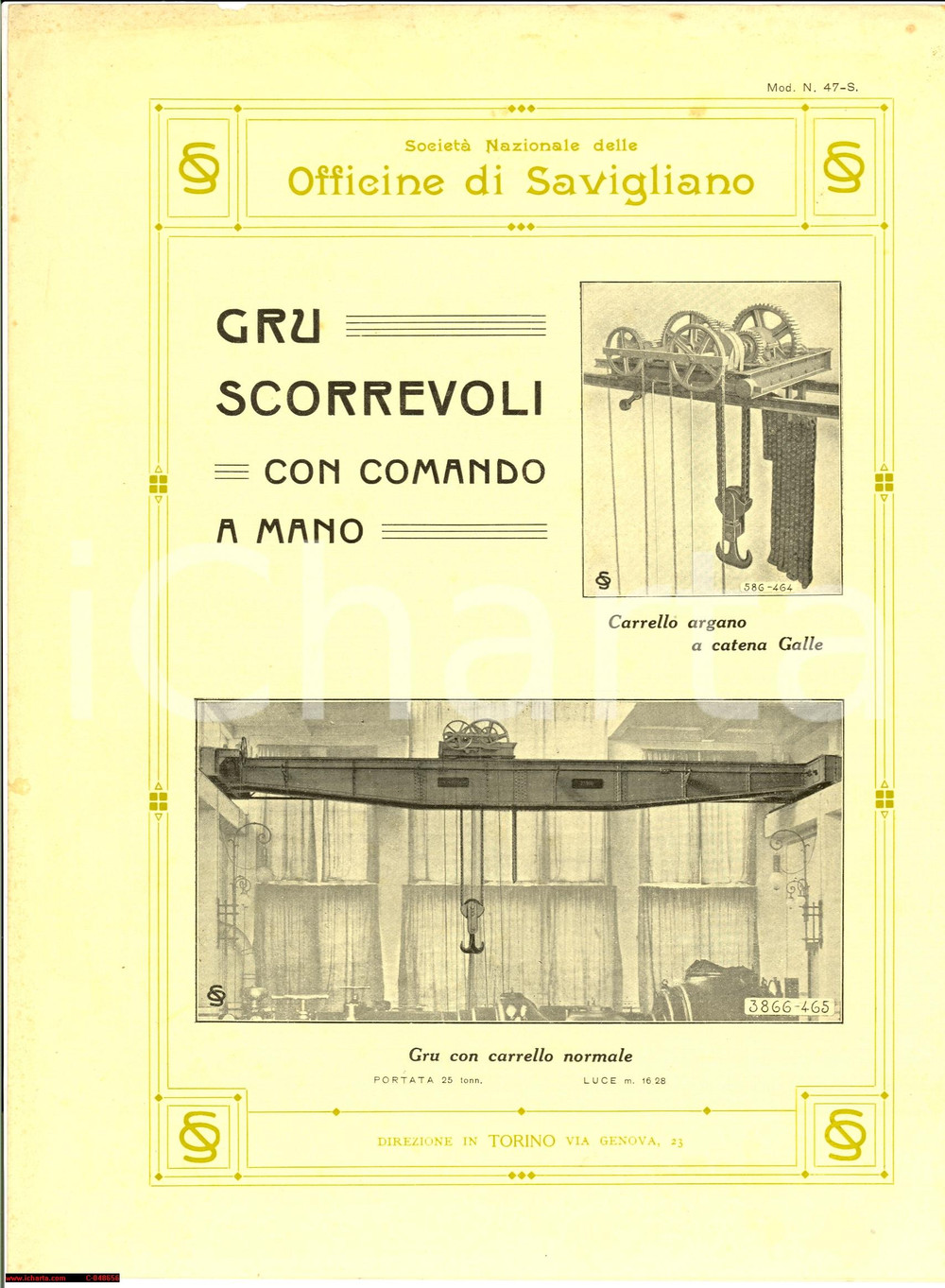 Documento originale, autentico 1915 Officine SAVIGLIANO CN Gru scorrevoli Volantino 1
