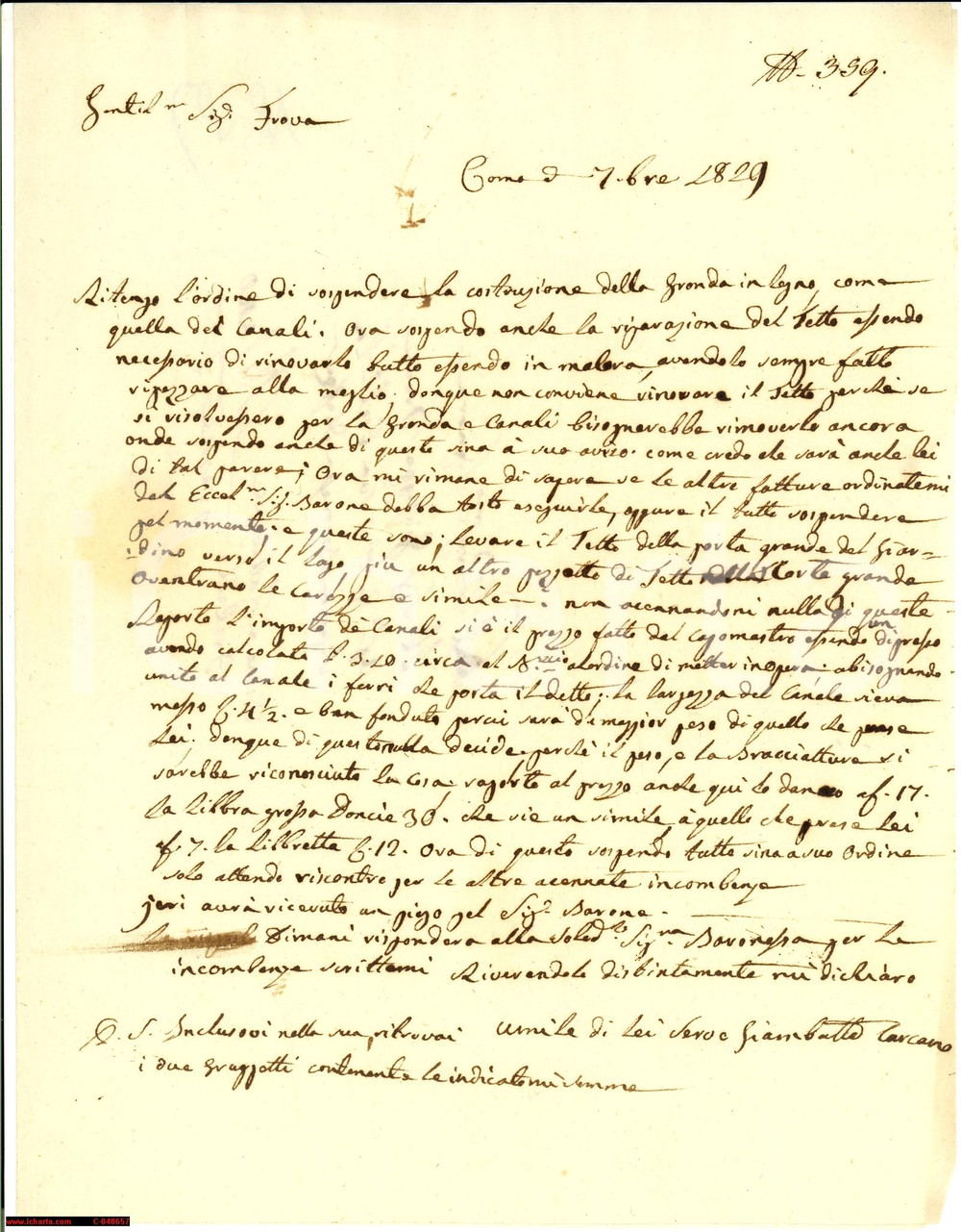 Manoscritto, lettera originale 1829 COMO Giambattista CARCANO su lavori villa NEFFZER 1