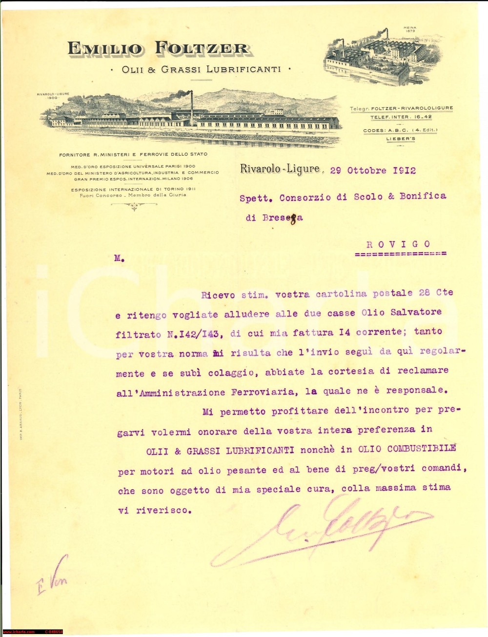 Documento originale, autentico 1912 RIVAROLO GENOVA Olii e lubrificanti Emilio FOLTZER 1