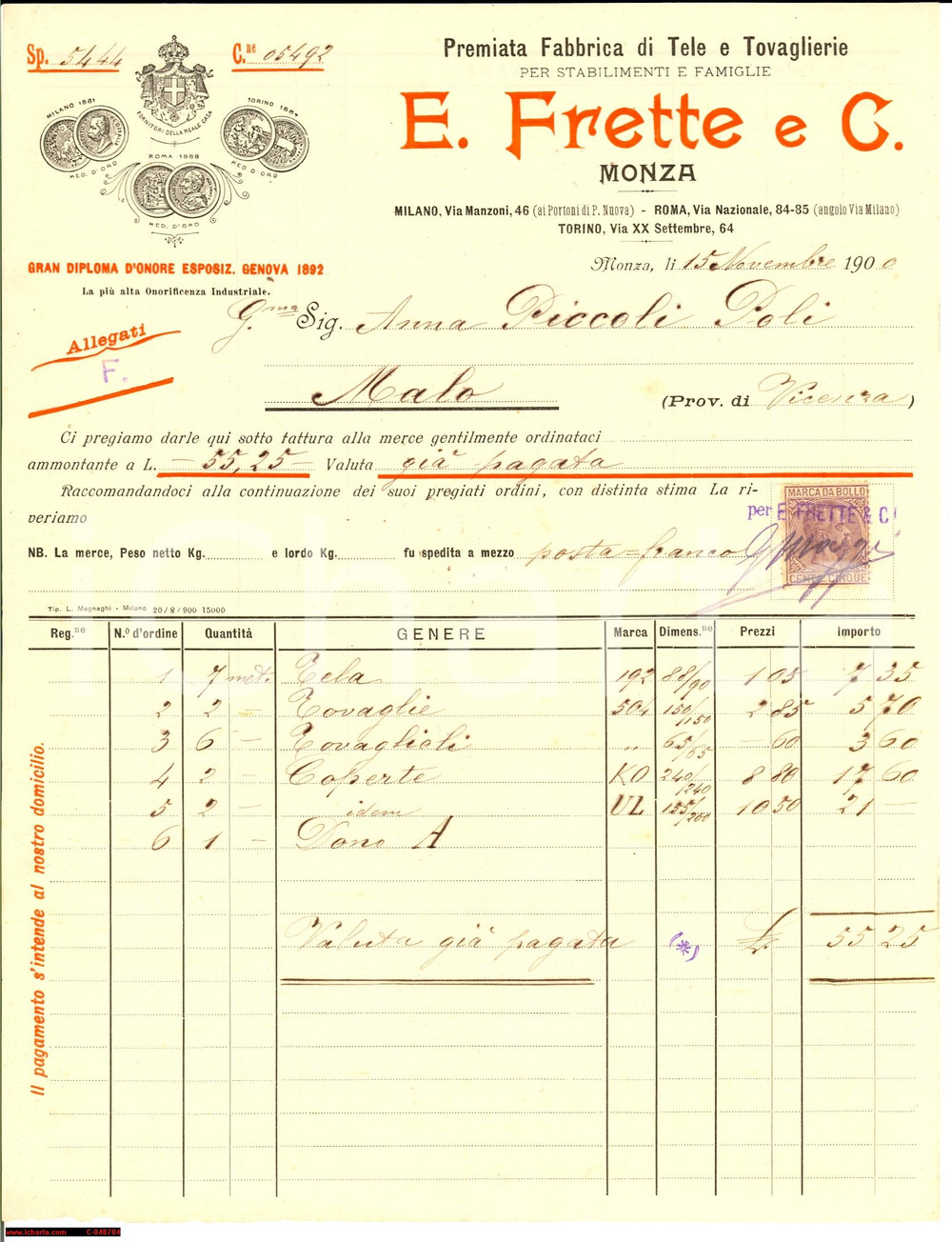 Documento originale, autentico 1900 MONZA Premiata fabbrica tele e tovaglierie FRETTE 1