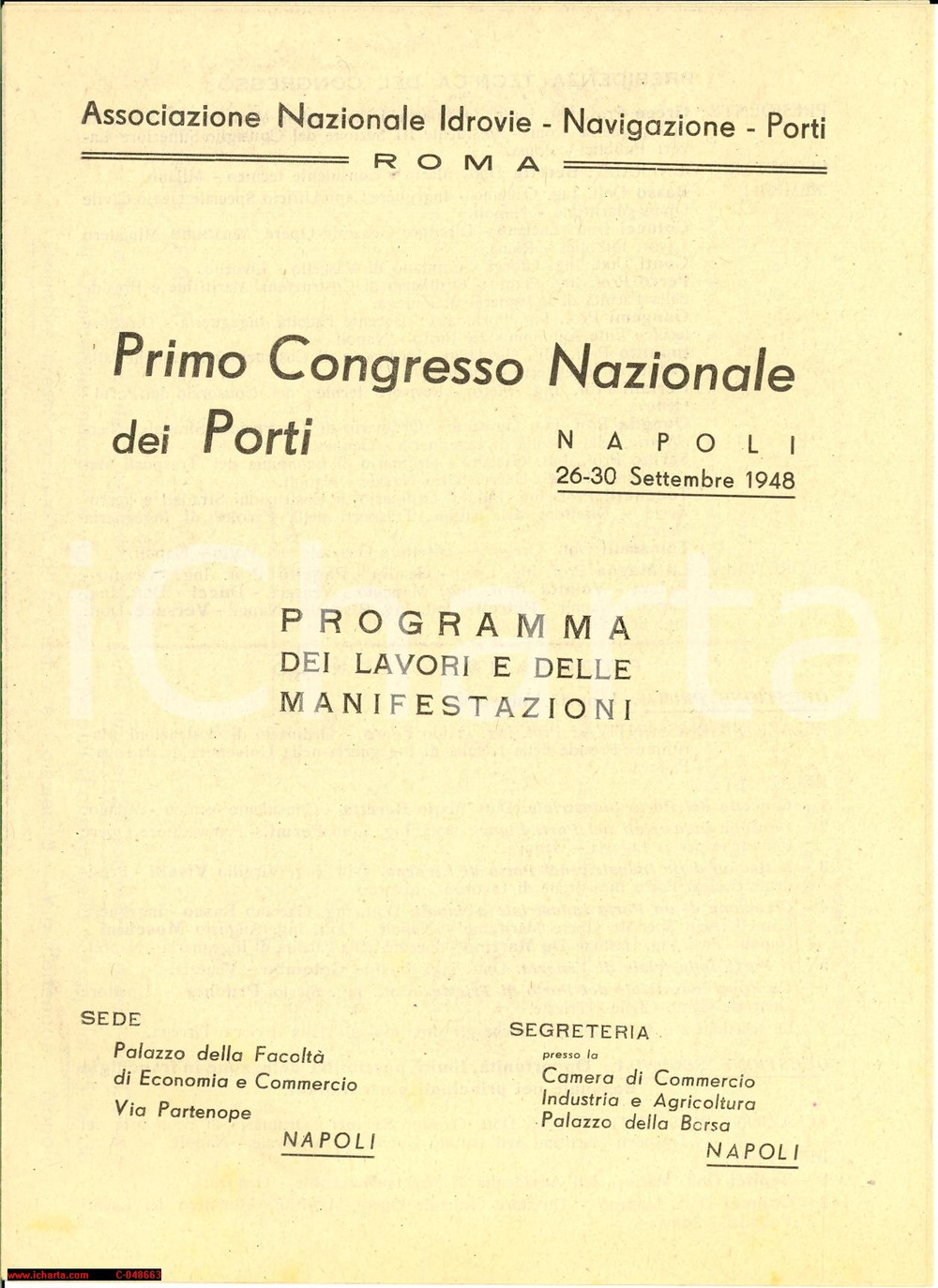 Documento originale, autentico 1948 NAPOLI Primo Congresso Nazionale dei Porti 1