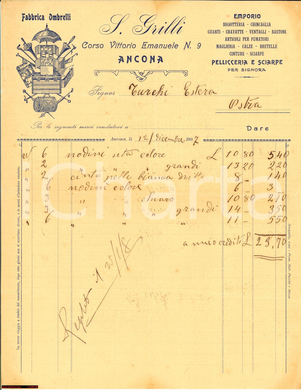 Documento originale, autentico 1907 ANCONA S. GRILLI fabbrica di ombrelli Emporio 1