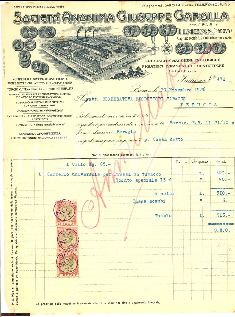 Documento originale, autentico 1926 LIMENA (PD) SocietÃ  Anonima Giuseppe GAROLLA 1