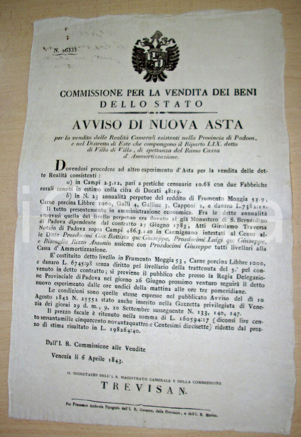 Documento originale, autentico 1843 VILLA ESTENSE (PD) Asta fabbriche rurali Manifesto 1