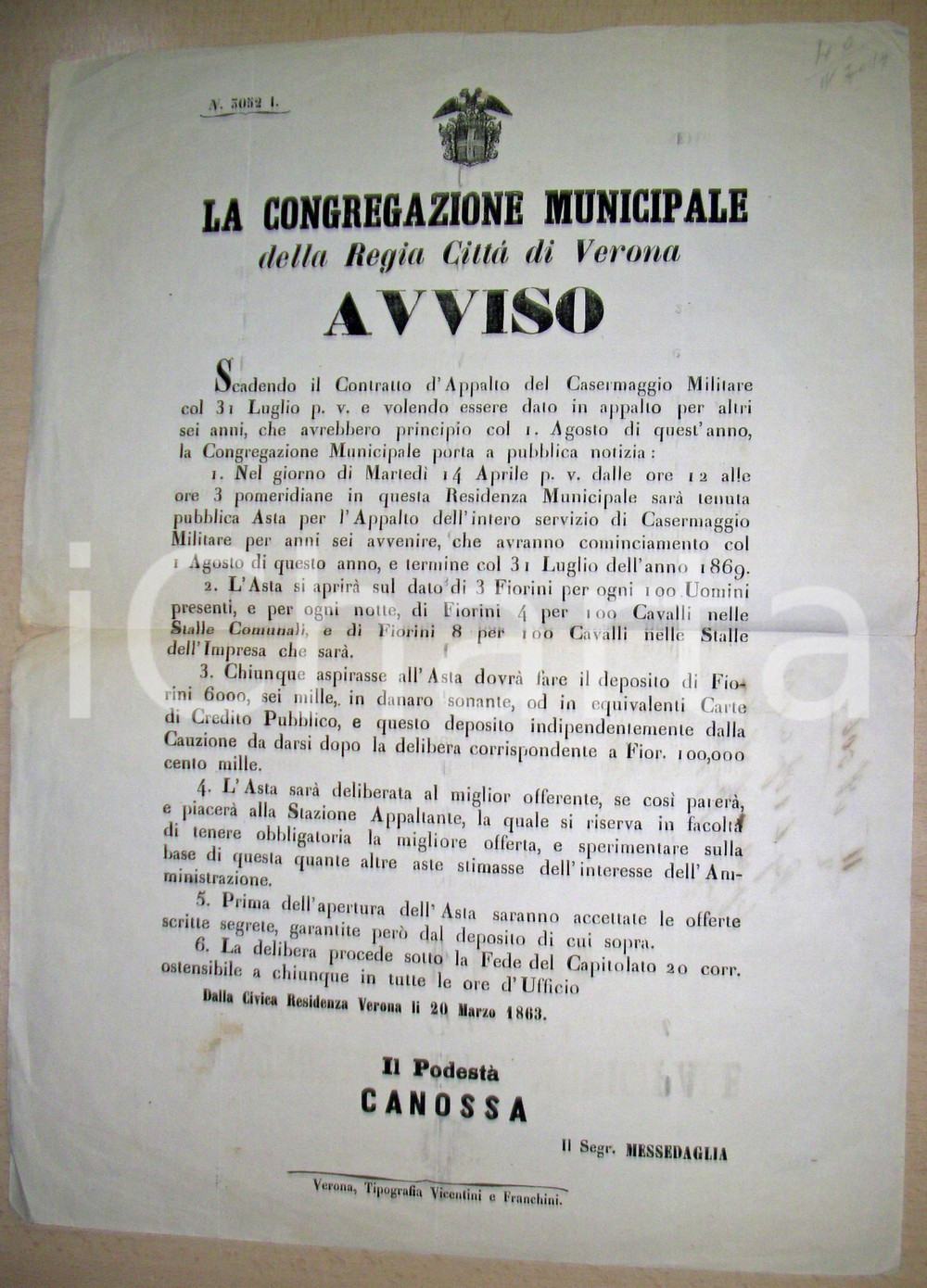Documento originale, autentico 1863 VERONA Asta per appalto del casermaggio militare 1