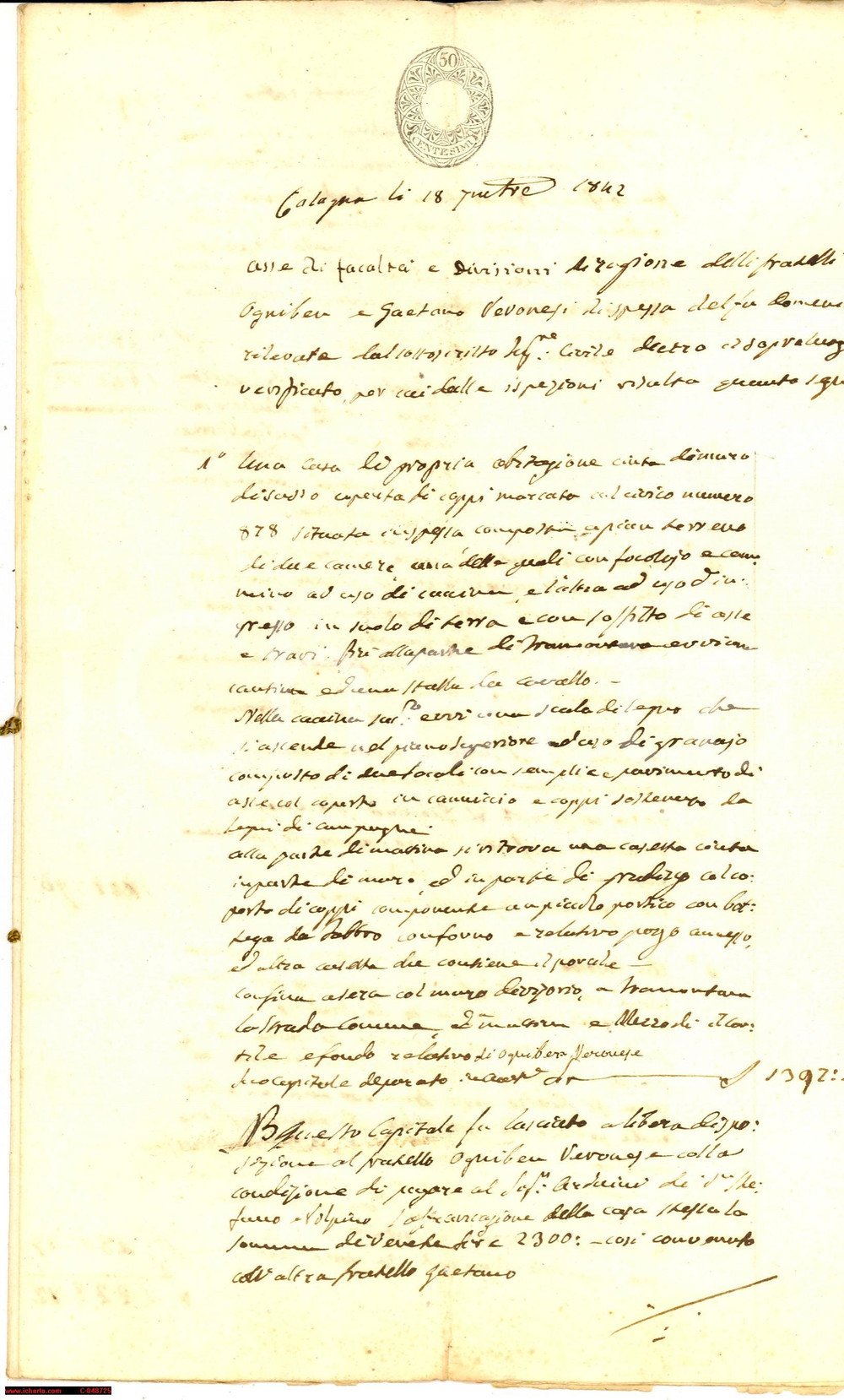 Documento originale, autentico 1842 COLOGNA VENETA (VR) Beni rurali fratelli VERONESI 1