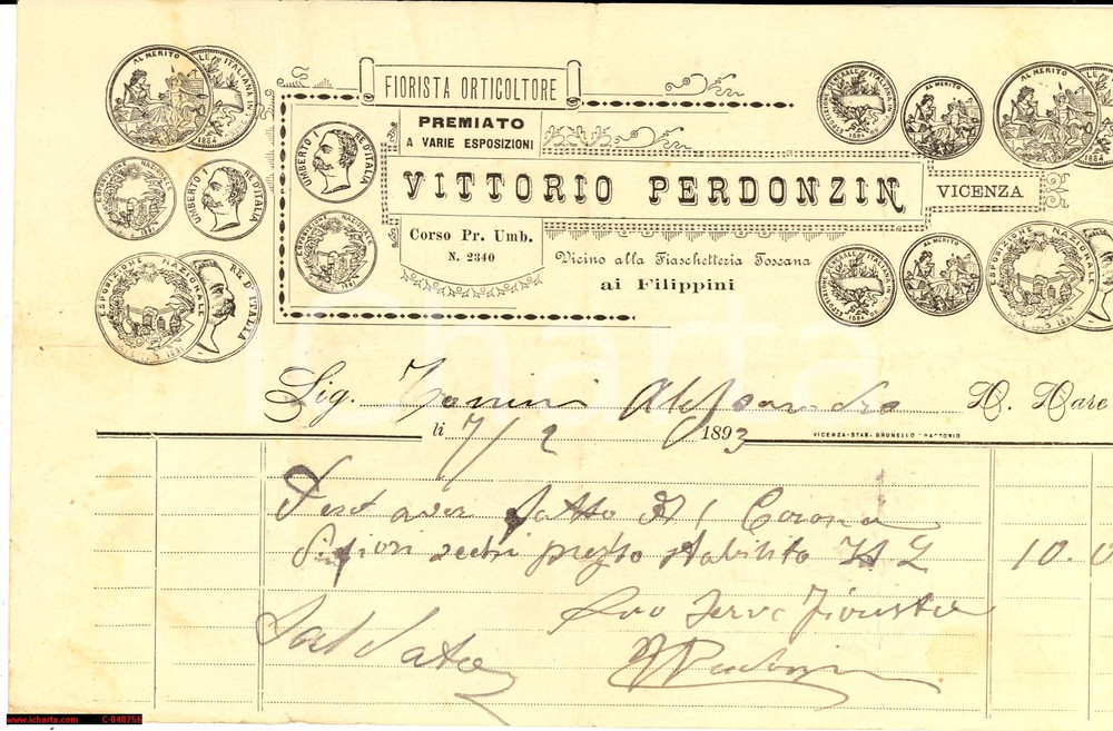 Documento originale, autentico 1893 VICENZA Vittorio PERDONZIN fiorista orticoltore 1