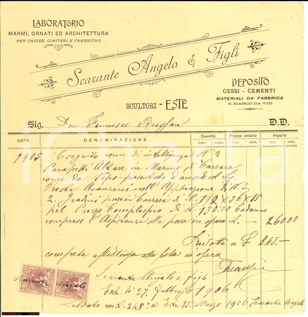 Documento originale, autentico 1905 ESTE PD Parapetti per altare Angelo SCARANTE 1