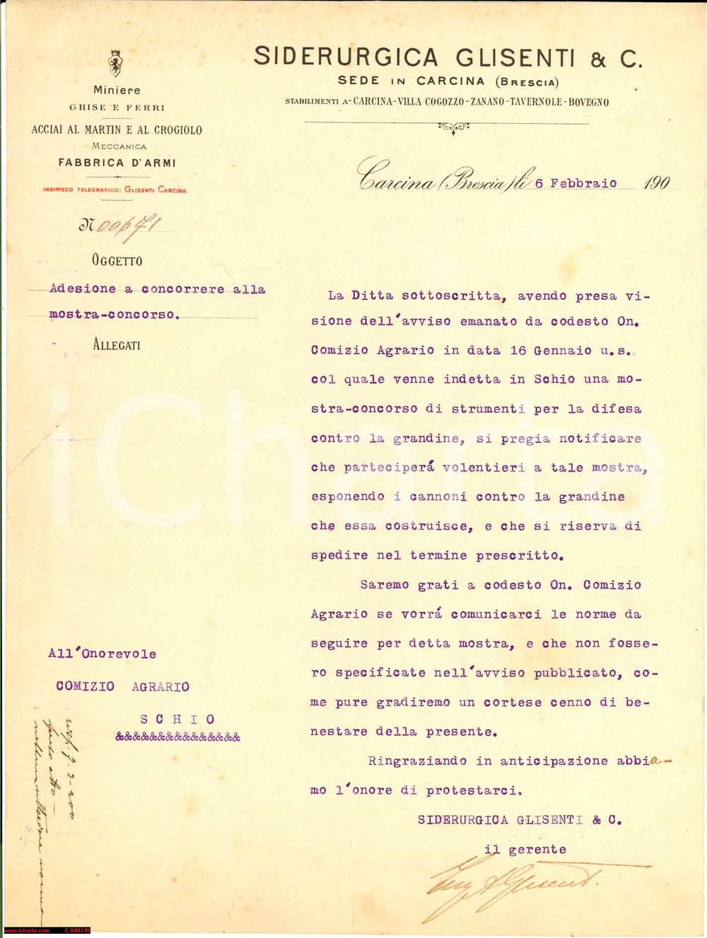Documento originale, autentico 1900 CARCINA (BS) Alfredo GLISENTI cannoni antigrandine 1