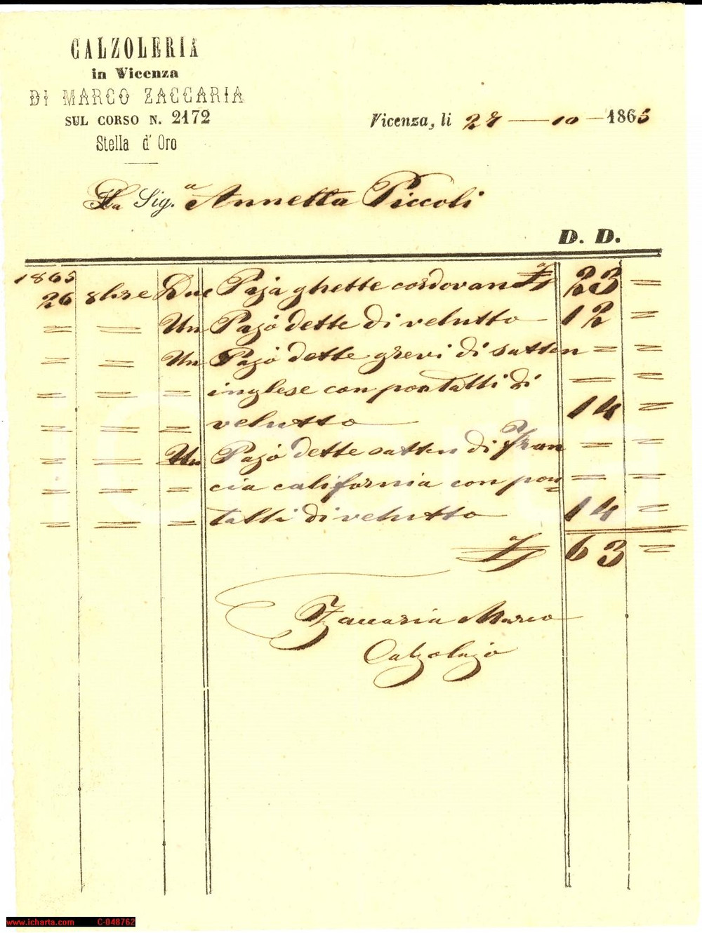 Documento originale, autentico 1865 VICENZA Stella d Oro Calzolaio Marco ZACCARIA 1
