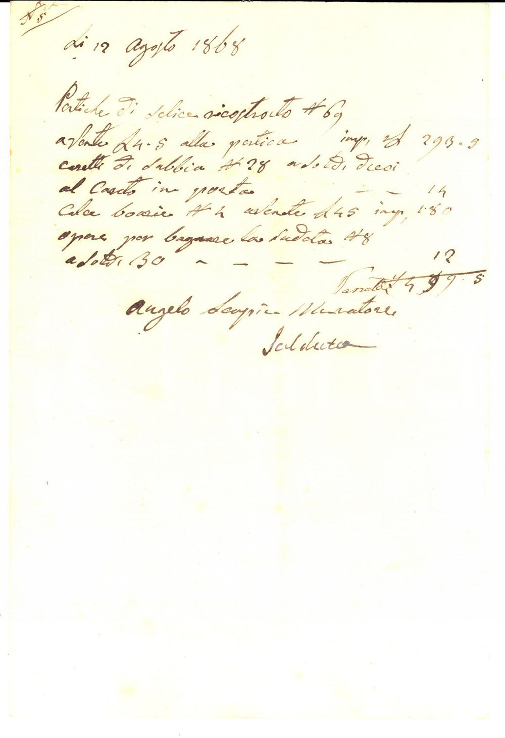 Documento originale, autentico 1867 PADOVA Conto del muratore Angelo SCAPIN calce e sabbia *Manoscritto veneto 1