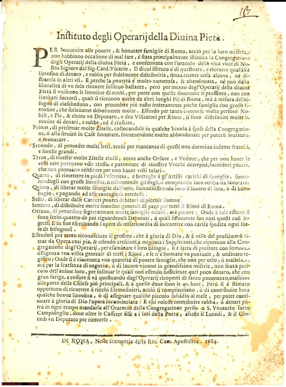 Documento originale, autentico 1684 ROMA Statuto Congreg. OPERAI DELLA DIVINA PIETA 1
