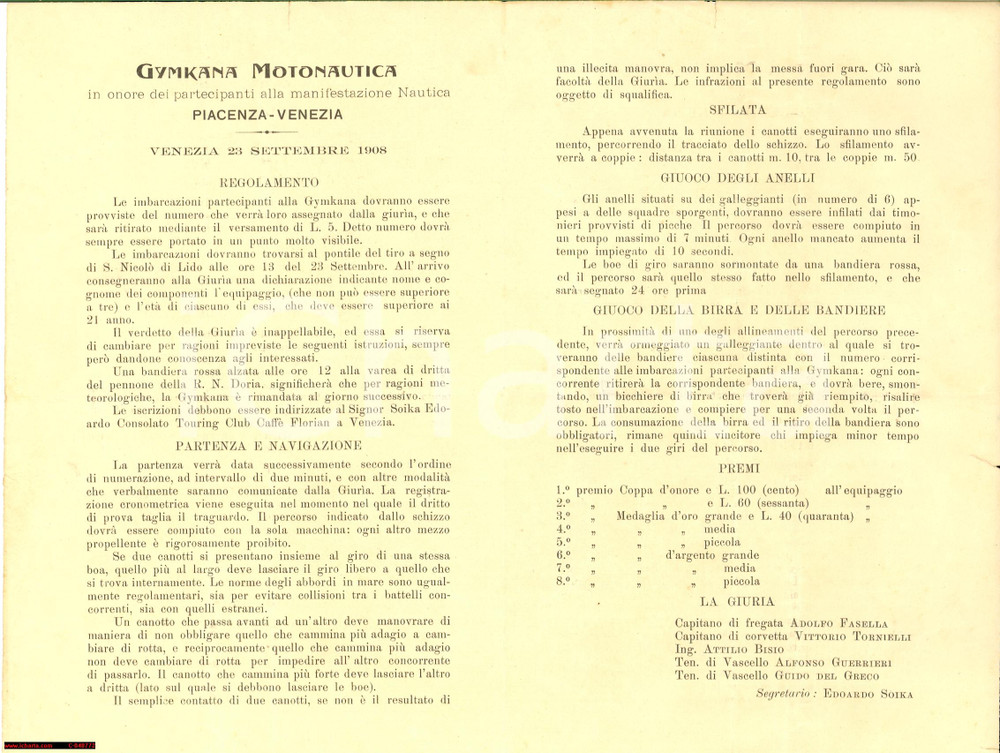 Documento originale, autentico 1908 VENEZIA Gymkana Motonautica e gioco della birra 1