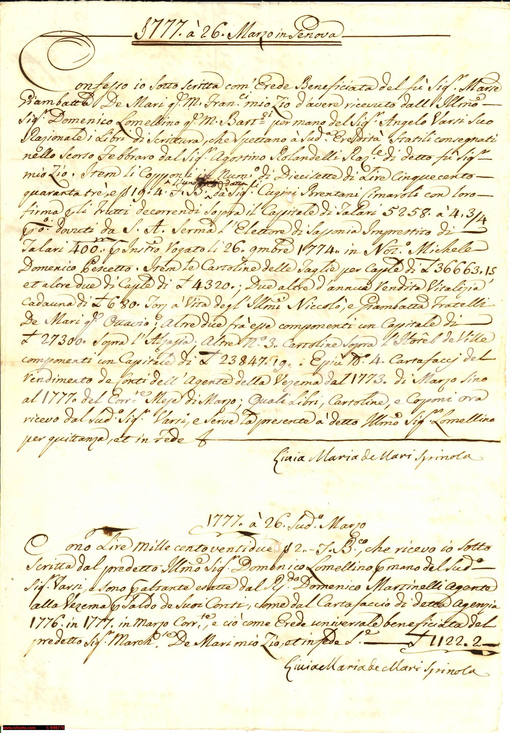 Documento originale, autentico 1777 GENOVA Eredità  di Livia Maria DE MARI SPINOLA 1
