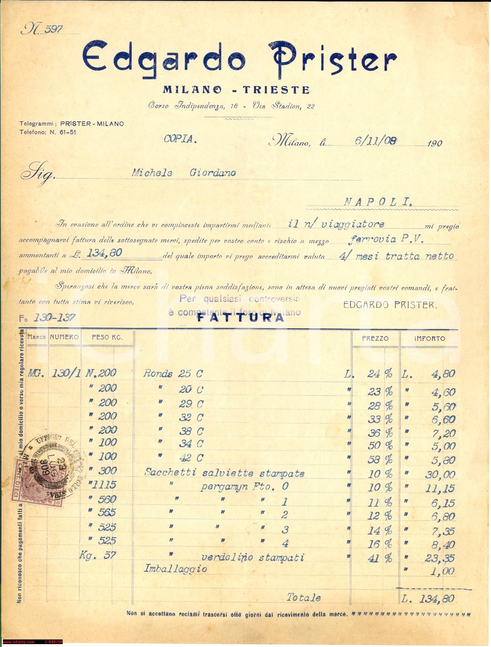 Documento originale, autentico 1908 MILANO TRIESTE Edgardo PRISTER salviette stampate 1