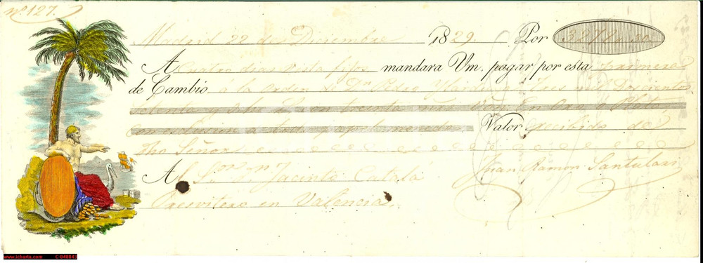 Oggetto da collezione cartaceo 1829 MADRID Cambiale con divinità  colorata a mano RARA 1