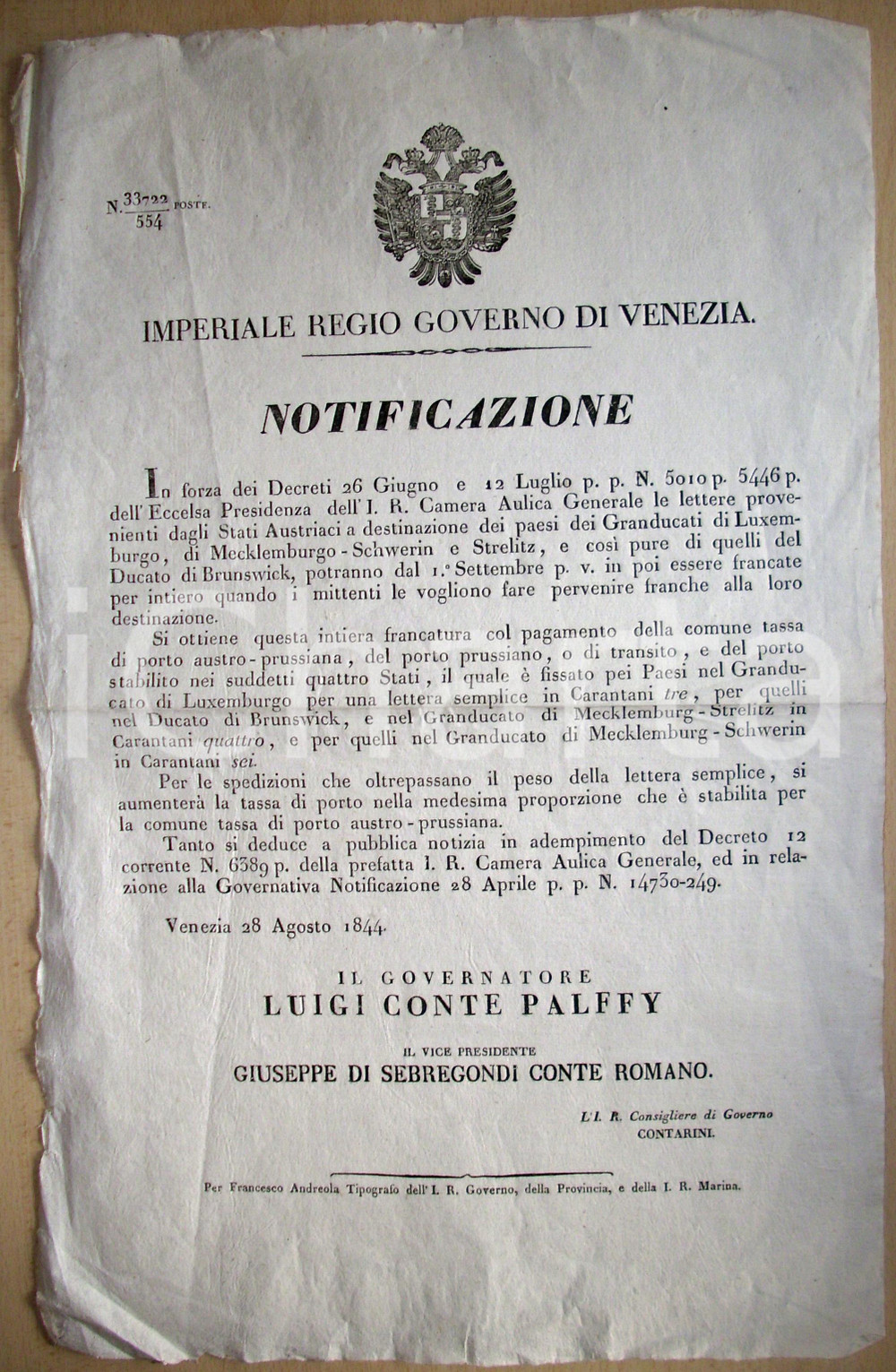 Documento originale, autentico 1844 STORIA POSTALE VENEZIA Spedizioni in LUSSEMBURGO 1