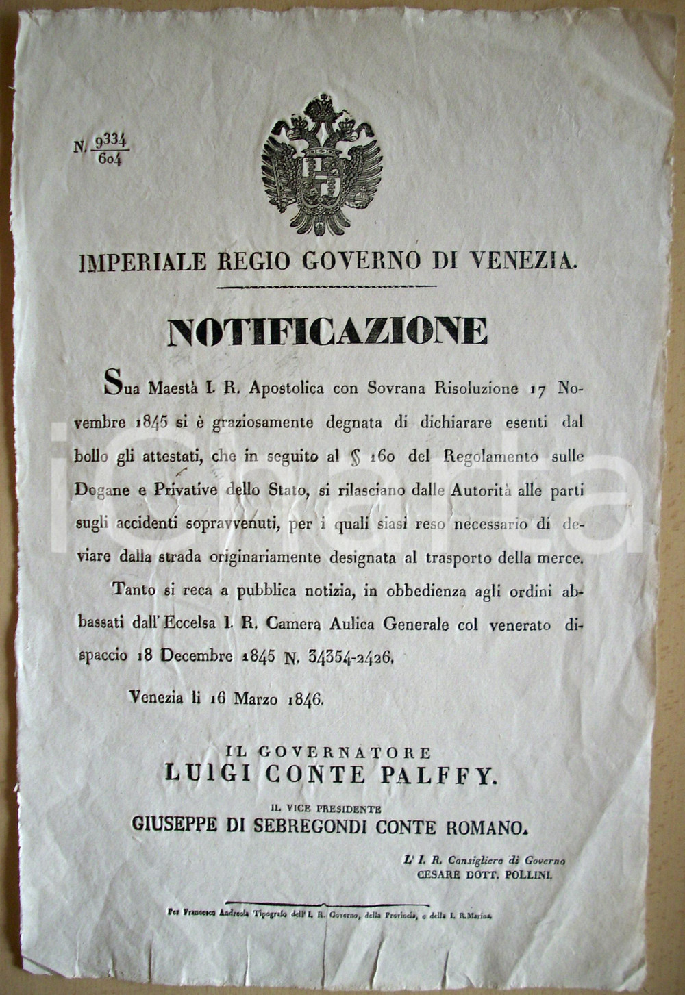 Documento originale, autentico 1846 VENEZIA Deviazioni da rotta di commercio DECRETO 1