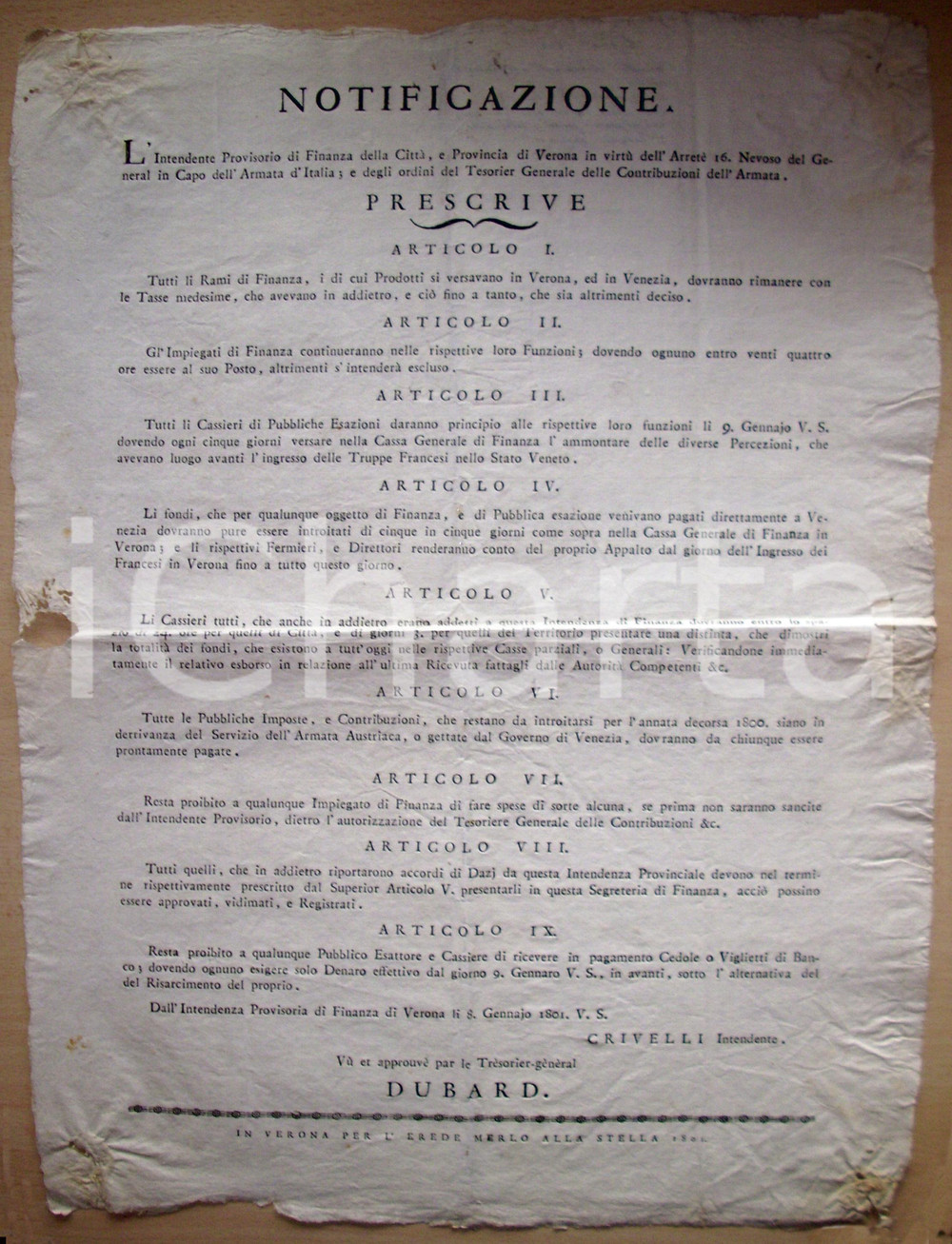 Documento originale, autentico 1801 VERONA Norme contribuzione Veneto francese RARO 1