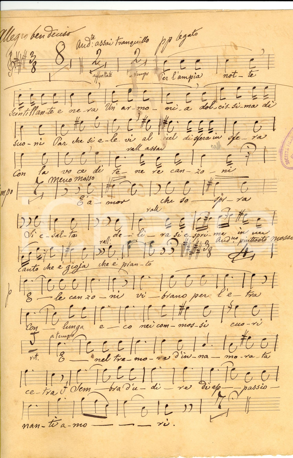 Oggetto da collezione cartaceo 1890 Antonio ACERBI L ampia notte Serenata INEDITA 1