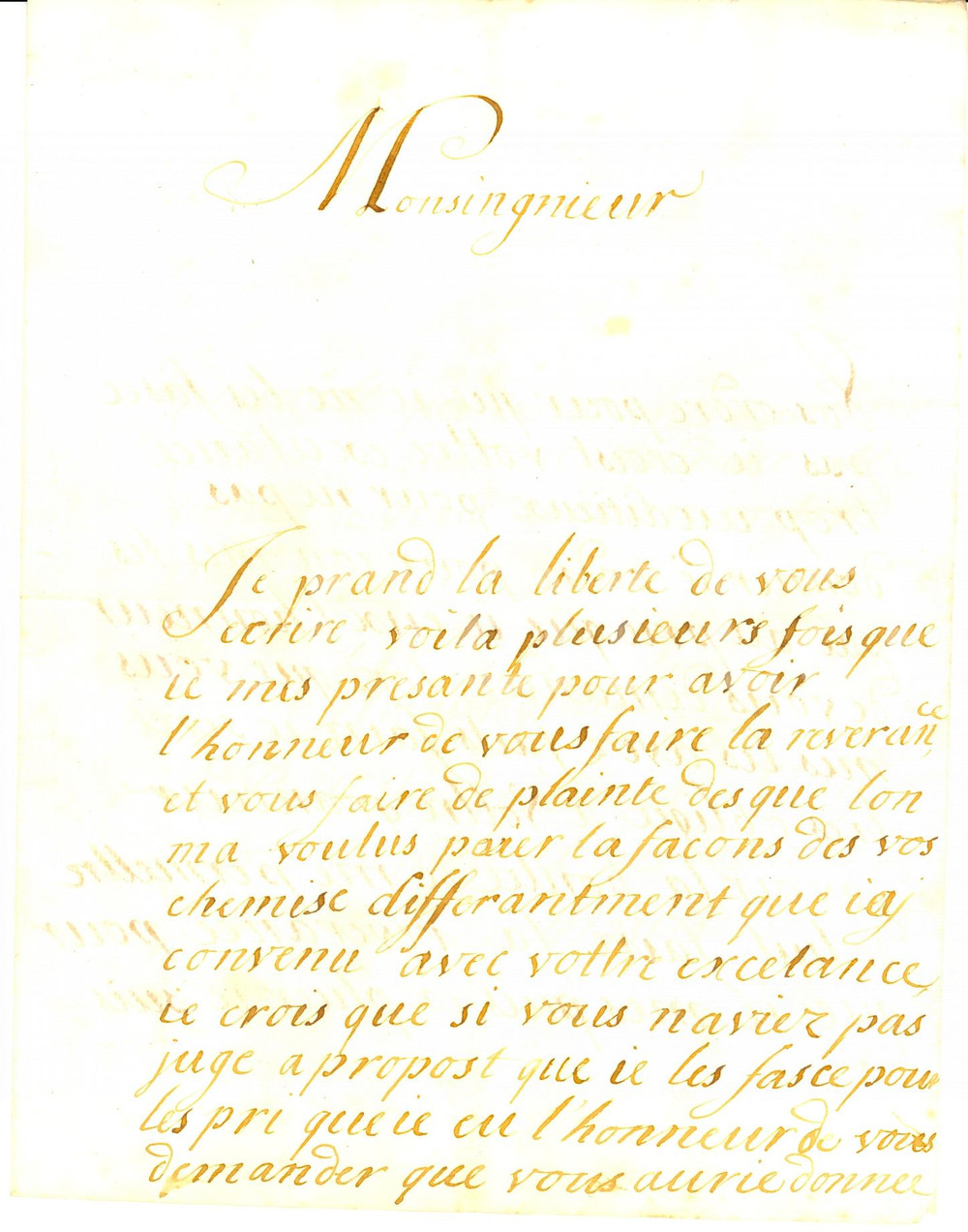 Documento originale, autentico 1700 PARIGI La sarta MASILLIE chiede pagamento camicie 1
