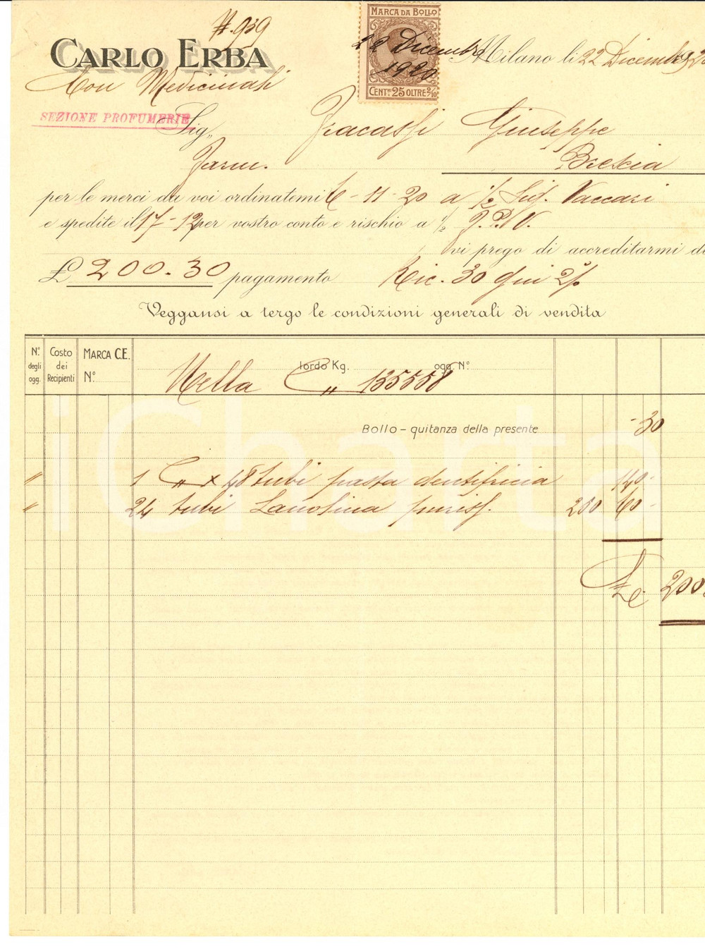 Documento originale, autentico 1920 MILANO Conto ditta CARLO ERBA Profumerie 1