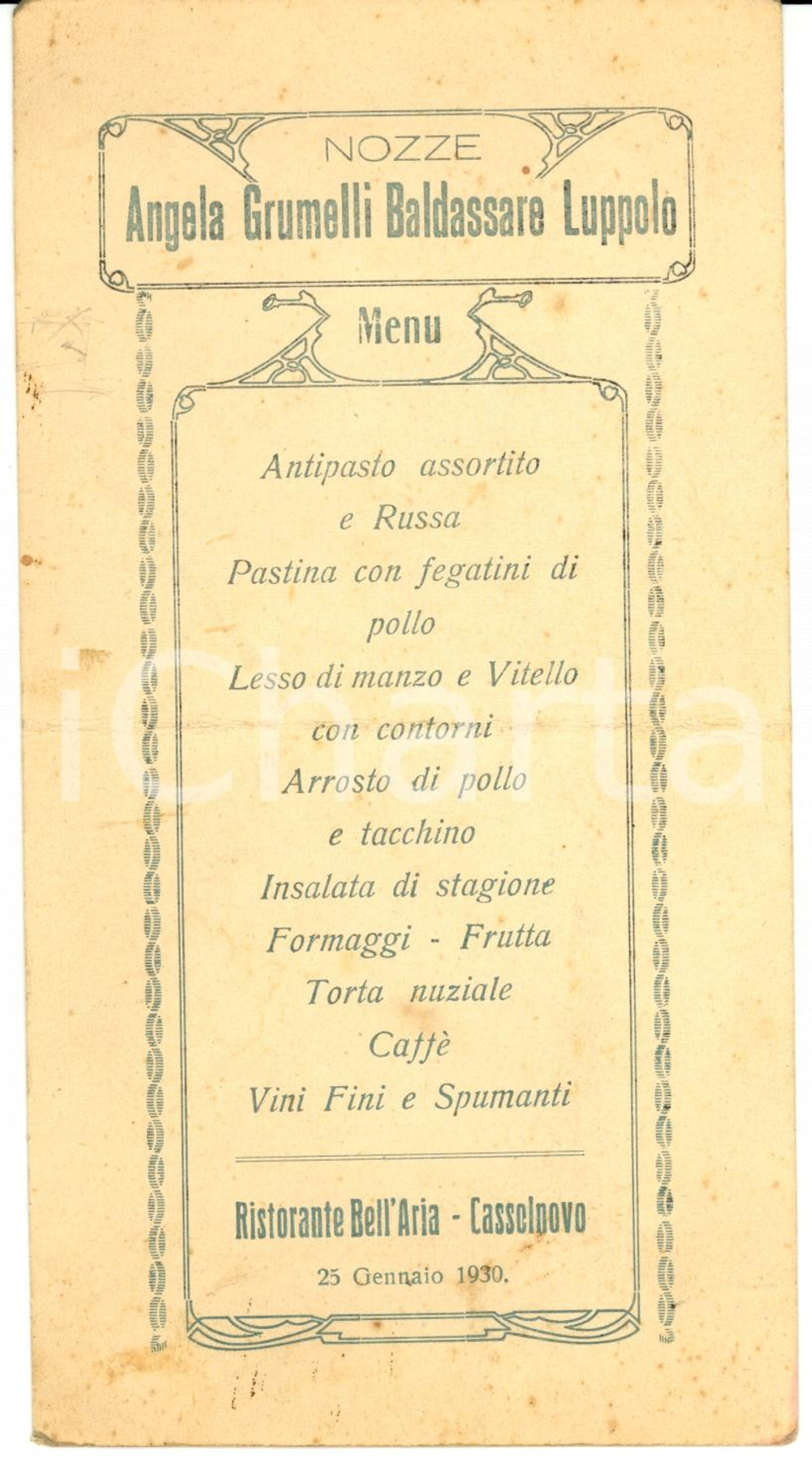 Oggetto da collezione cartaceo 1930 CASSOLNOVO PV Menu ristorante BELL ARIA Nozze GRUMELLI  LUPPOLO 1