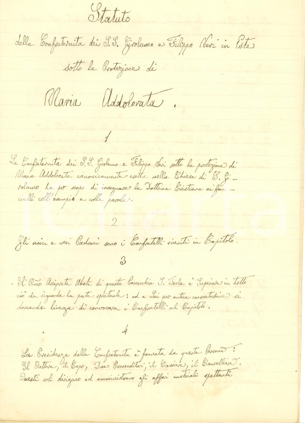 Documento originale, autentico 1907 ESTE PD Statuto Confraternita SS. GEROLAMO E FILIPPO NERI Manoscritto 1