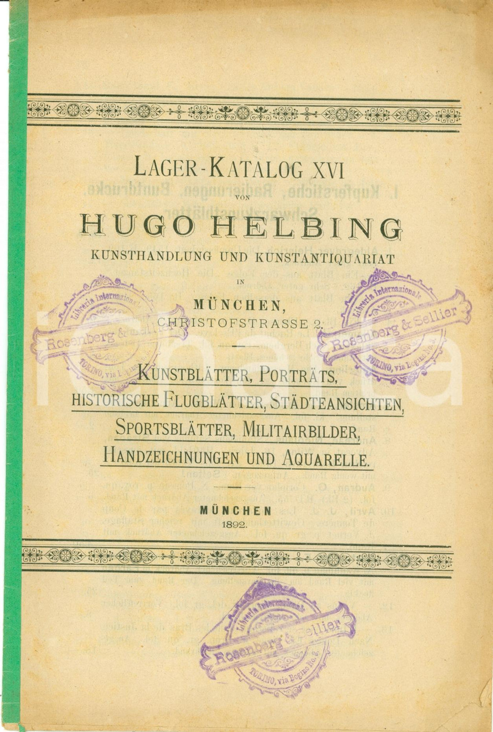 Libro, pubblicazione d epoca 1892 MUNCHEN DE XVI Lagerkatalog Hugo HELBING PortrÃ¤ts KunstblÃ¤tter 1